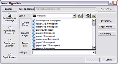 hyperlink dialog box