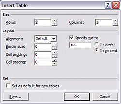 insert table dialog box